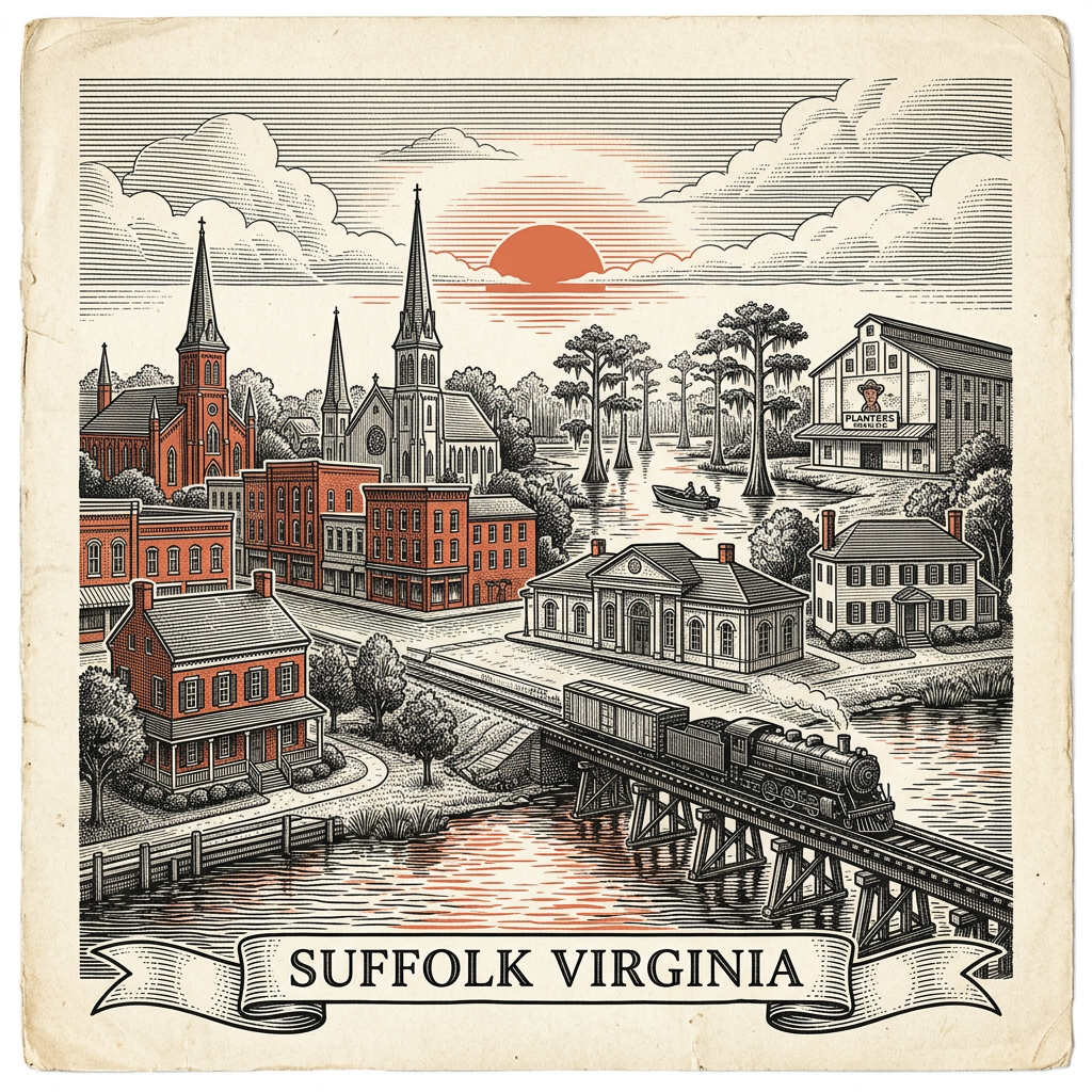 Engraved Suffolk VA city illustration – Official Translations certified translation services from $29.95 per page