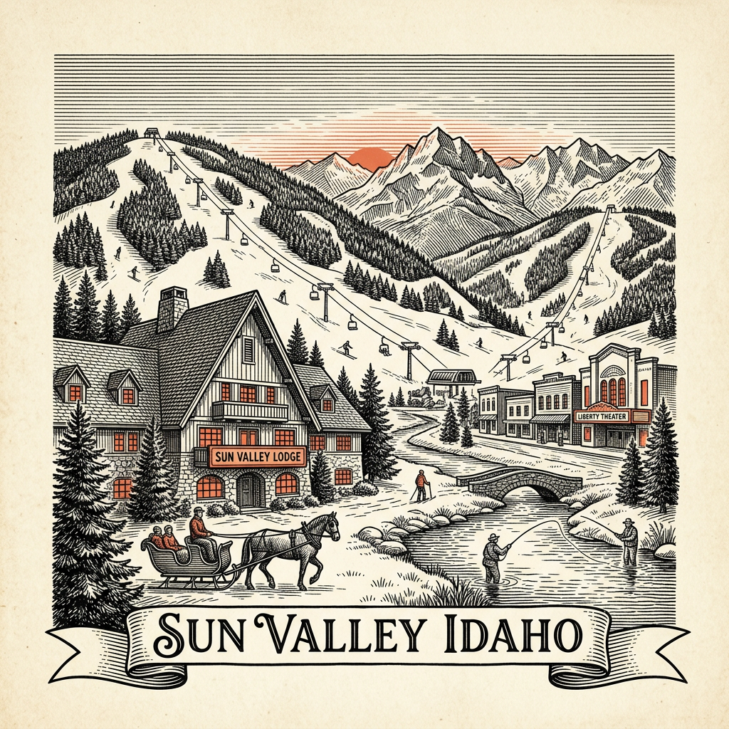 Engraved Sun Valley ID city illustration – Official Translations certified translation services from $29.95 per page
