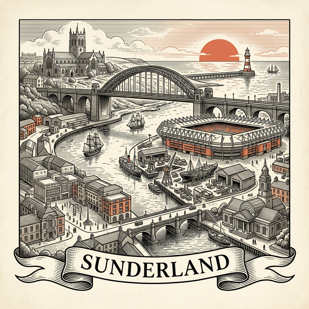 Engraved Sunderland England city illustration – Penshaw Monument, Wearmouth Bridge, Stadium of Light, National Glass Centre, Roker Pier and Lighthouse – Official Translations certified translation services from £29.95 per page