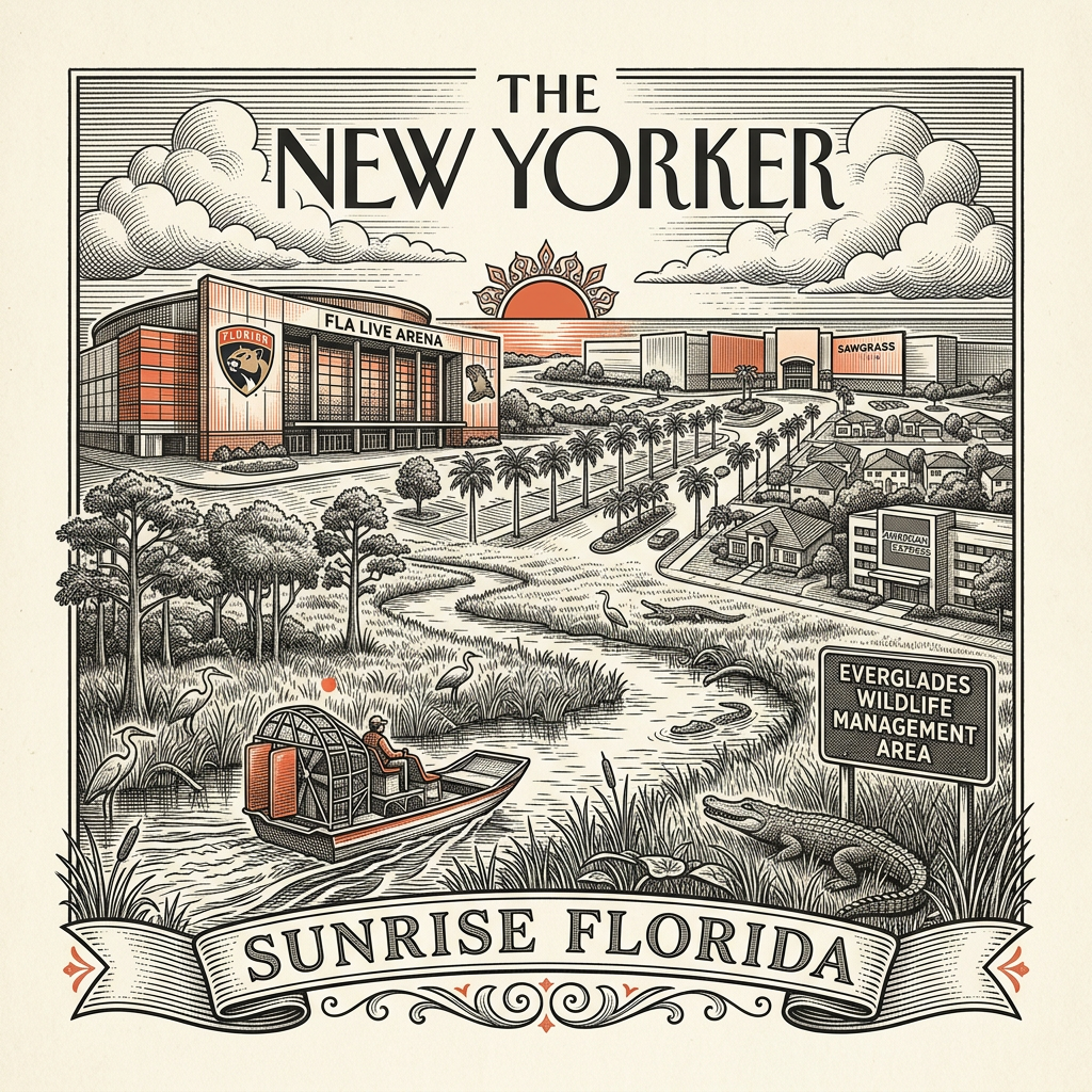 Engraved Sunrise FL city illustration – Official Translations certified translation services from $29.95 per page