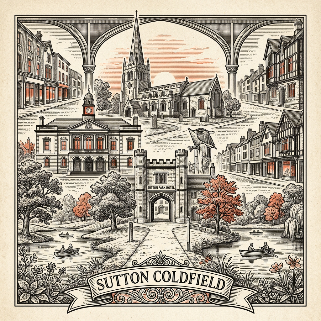 Engraved Sutton Coldfield England city illustration – Sutton Park, Holy Trinity Church, Sutton Coldfield Town Hall, Four Oaks Hall, Bishop Vesey's Grammar School – Official Translations certified translation services from £29.95 per page