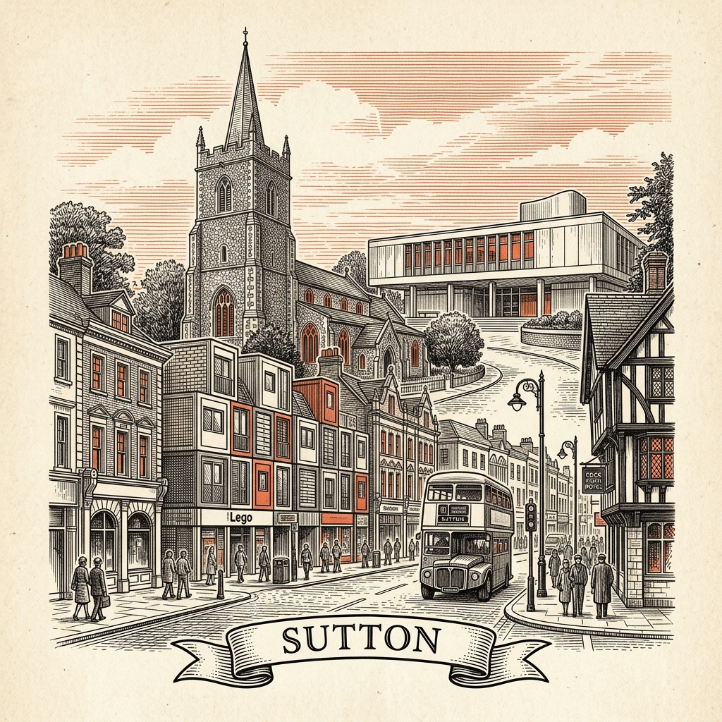 Engraved Sutton England city illustration – Honeywood Museum at Carshalton Ponds, Sutton High Street clocktower, Whitehall Cheam timber-framed house, Nonsuch Park, BedZED eco-village – Official Translations certified translation services from £29.95 per page