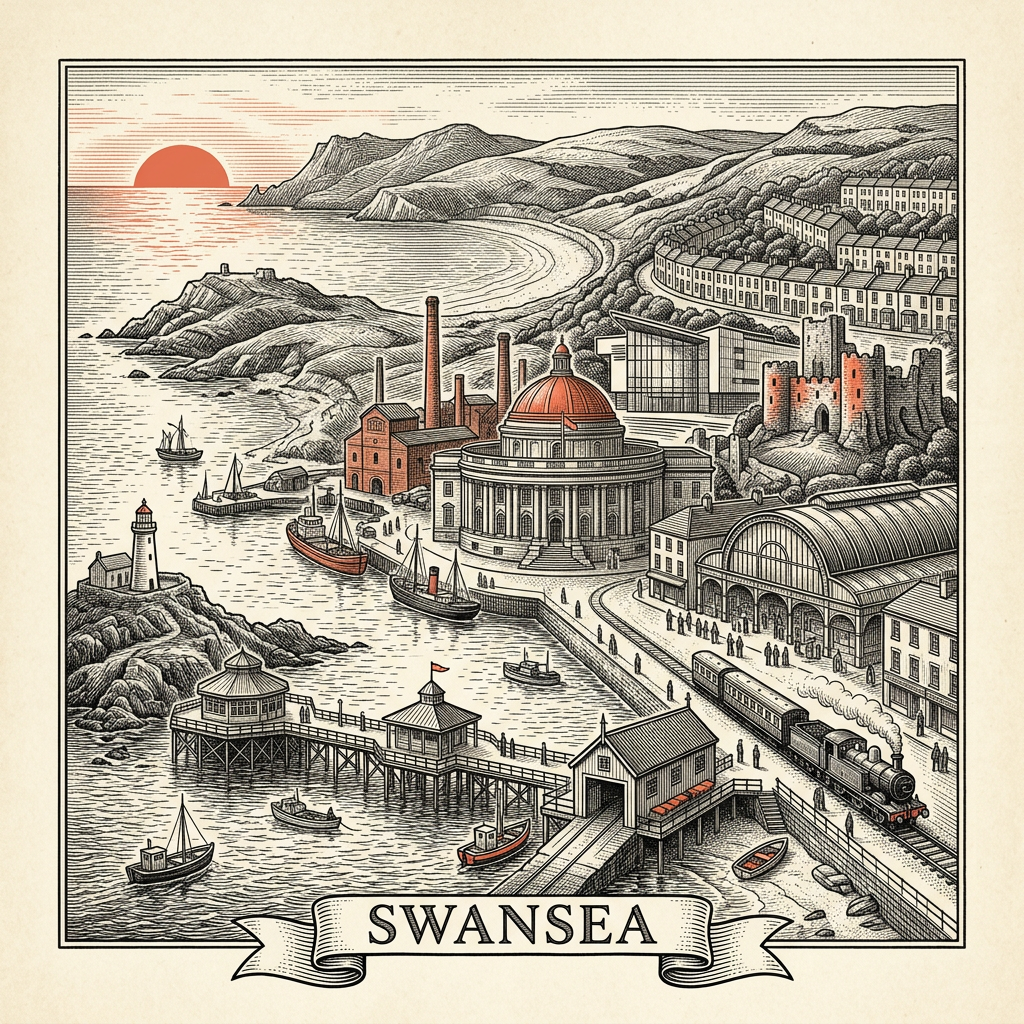 Engraved Swansea Wales city illustration – Swansea Bay sweep, Mumbles Lighthouse, Swansea Marina, Wales National Pool, Brangwyn Hall – Official Translations certified translation services from £29.95 per page