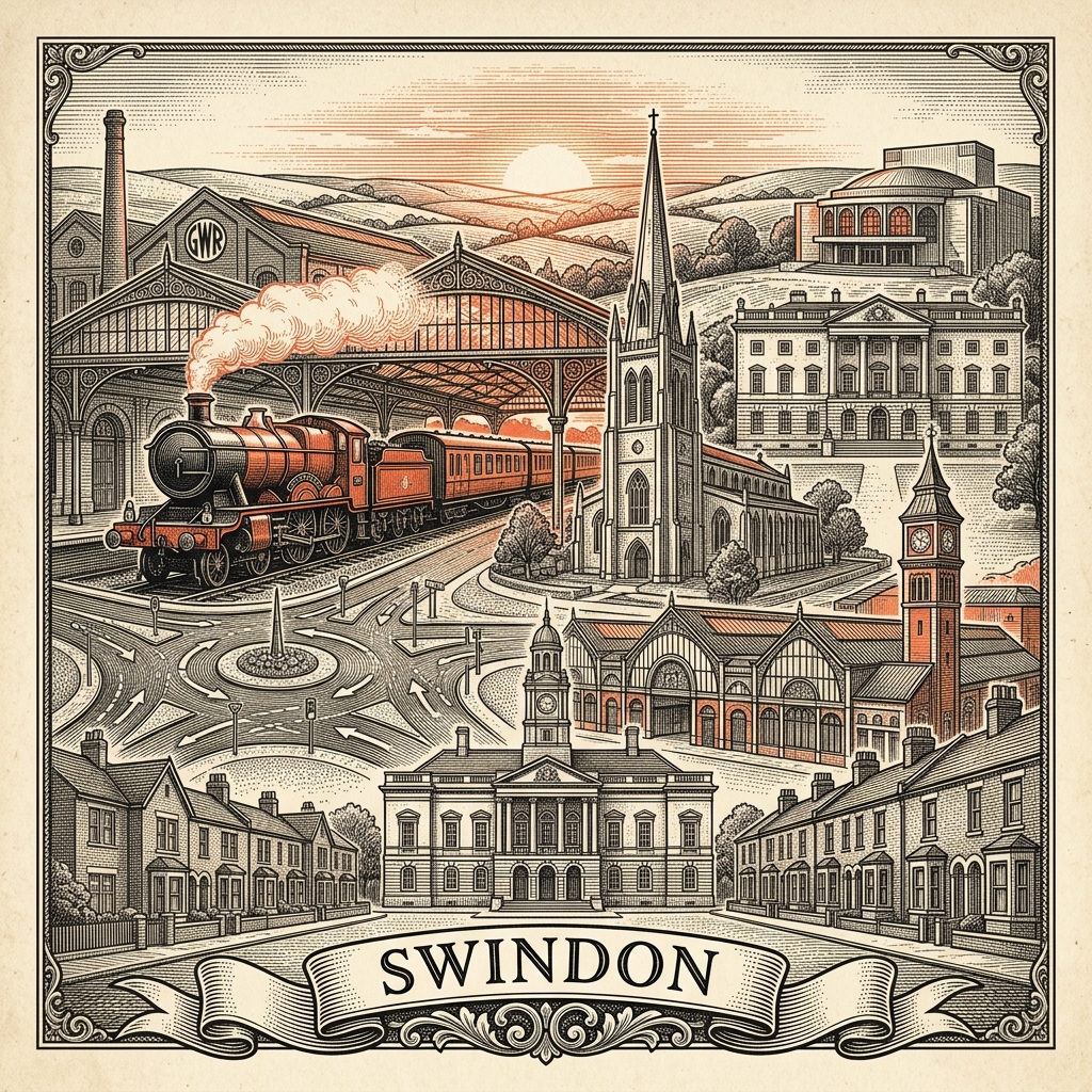 Engraved Swindon England city illustration – Magic Roundabout, STEAM Museum of the GWR, Coate Water Country Park, Wyvern Theatre, Lydiard House and Park – Official Translations certified translation services from £29.95 per page