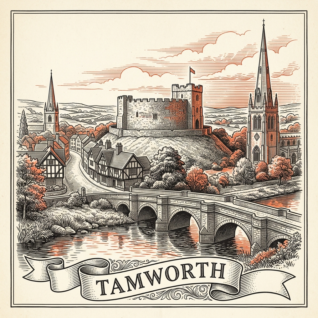 Engraved Tamworth England city illustration – Tamworth Castle motte-and-bailey, St Editha's Collegiate Church, the Snowdome ski centre, Statue of Sir Robert Peel, Drayton Manor theme-park tower – Official Translations certified translation services from £29.95 per page