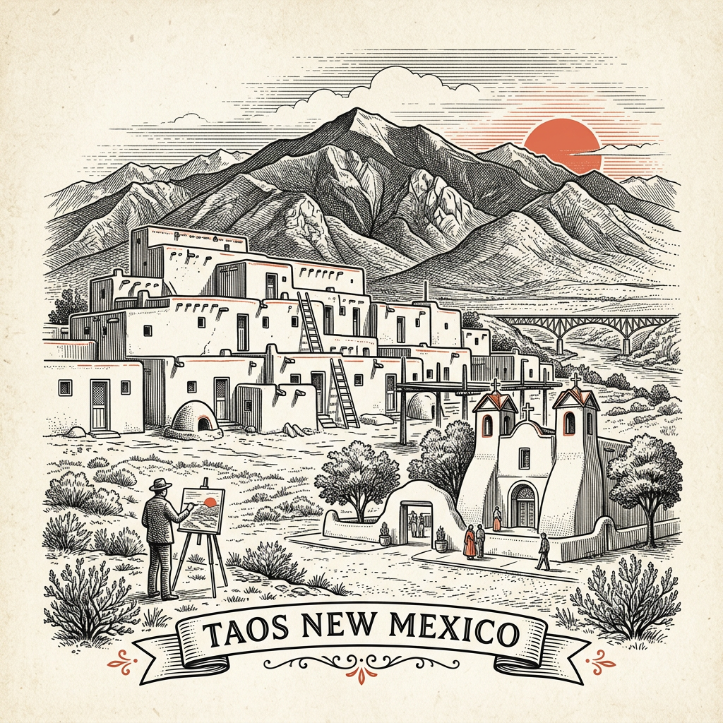 Engraved Taos NM city illustration – Official Translations certified translation services from $29.95 per page
