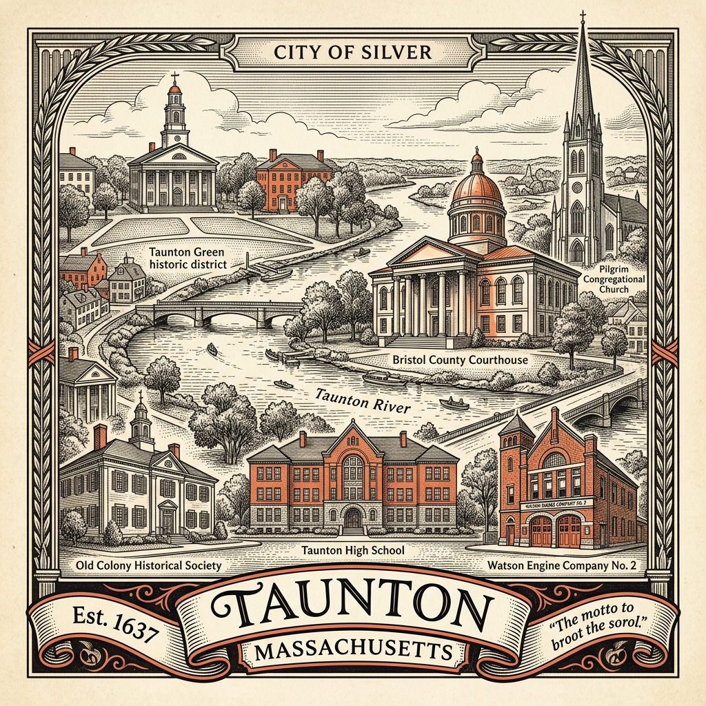 Engraved Taunton MA city illustration – Official Translations certified translation services from $29.95 per page