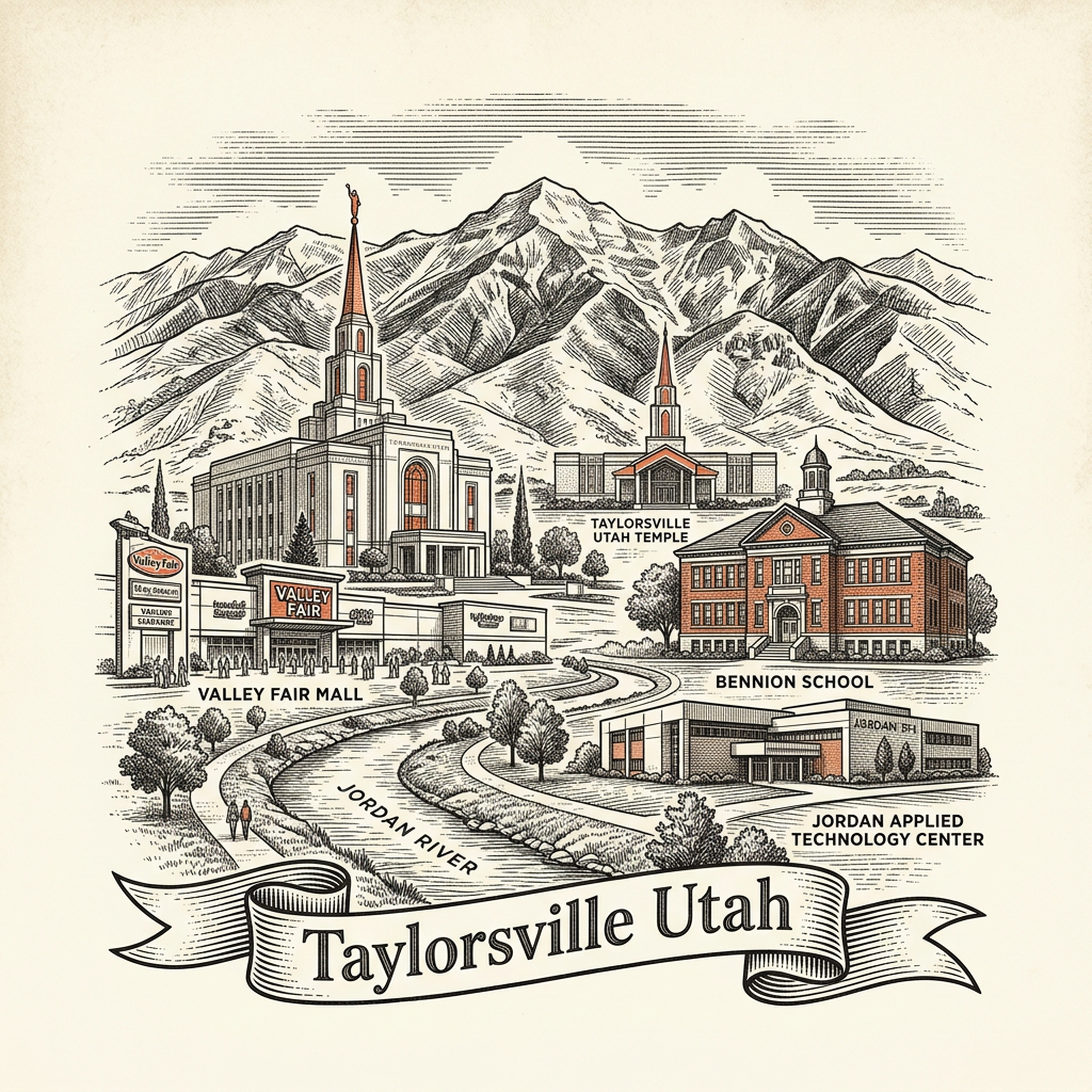 Engraved Taylorsville UT city illustration – Official Translations certified translation services from $29.95 per page