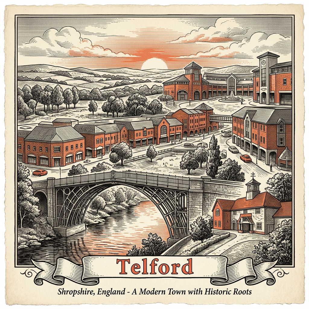 Engraved Telford England city illustration – Iron Bridge (Ironbridge Gorge), Telford Town Park, Wrekin hill, Southwater complex, Coalbrookdale museums – Official Translations certified translation services from £29.95 per page