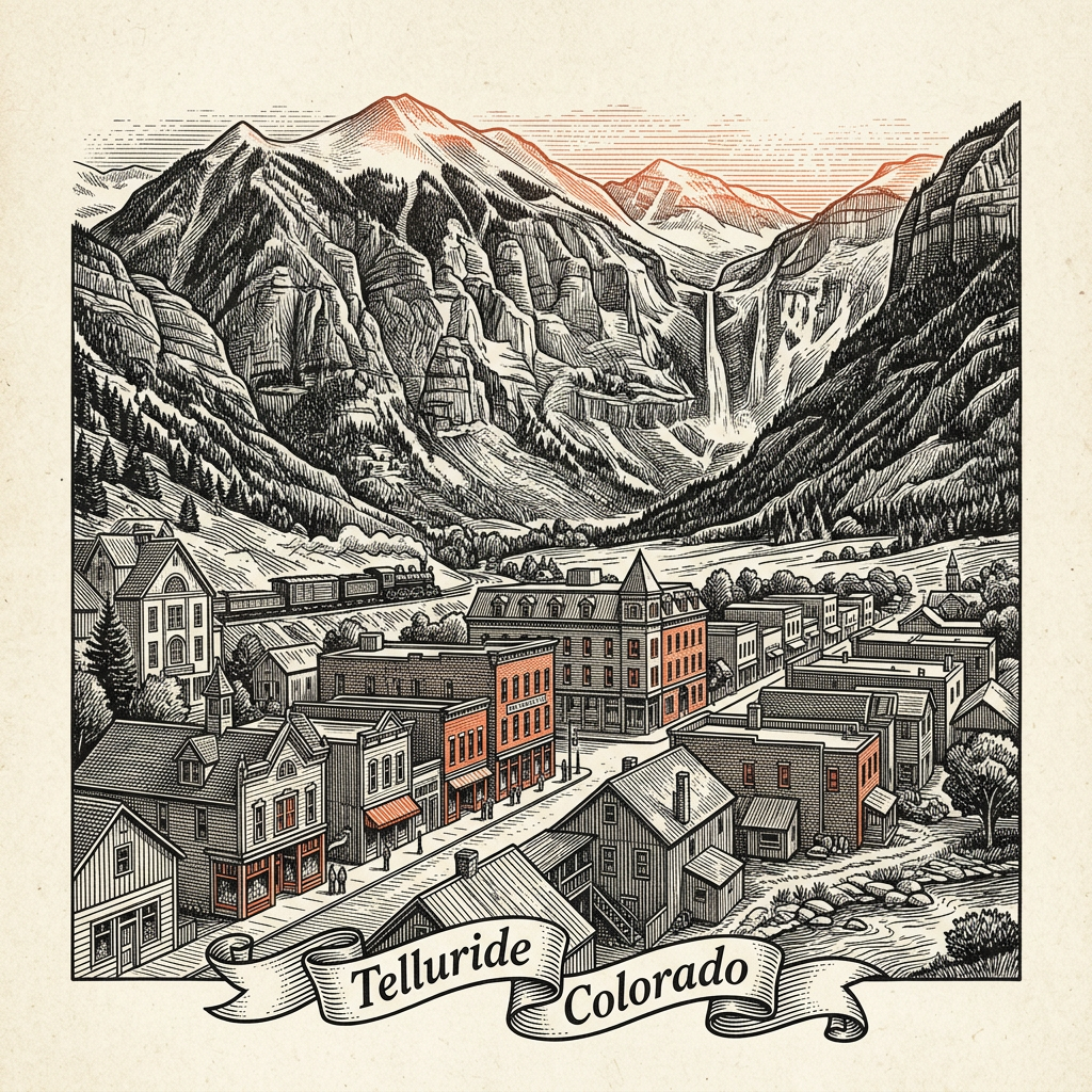 Engraved Telluride CO city illustration – Official Translations certified translation services from $29.95 per page