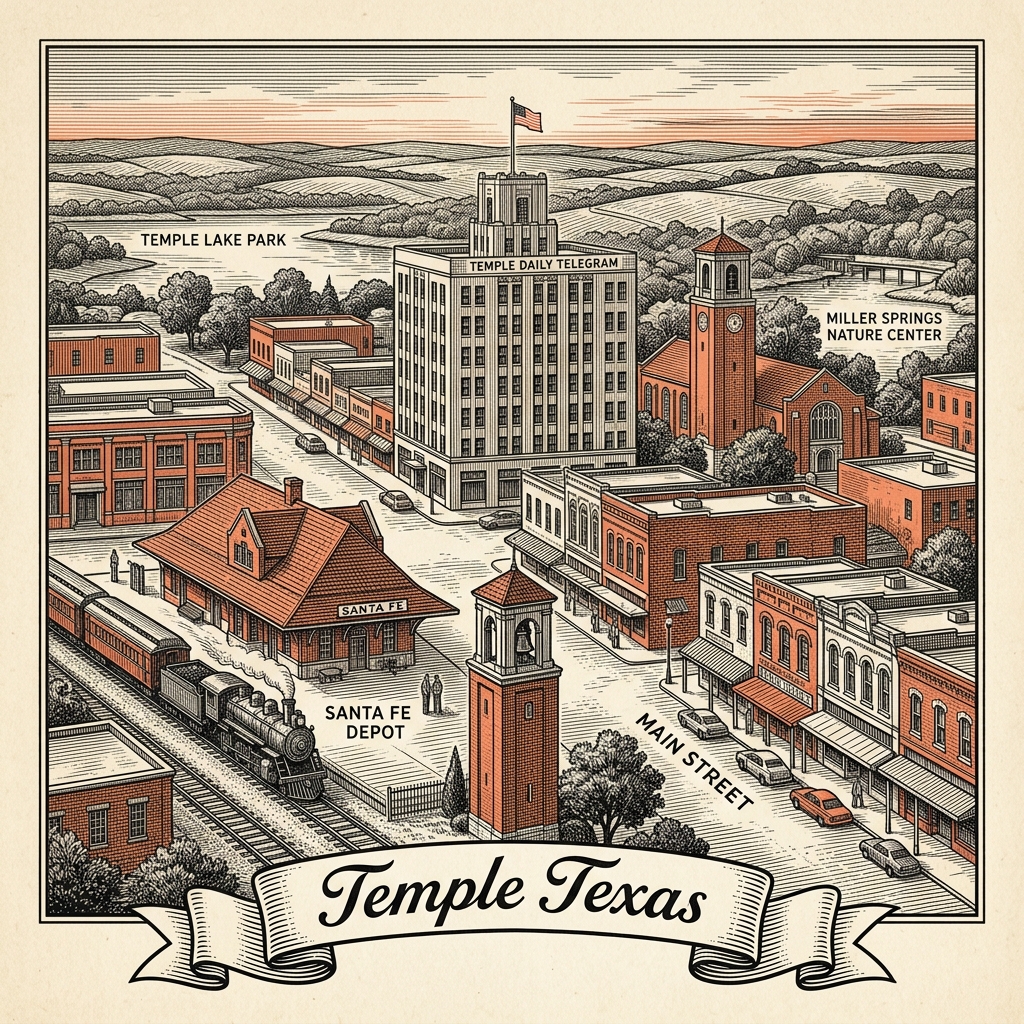 Engraved Temple TX city illustration – Official Translations certified translation services from $29.95 per page