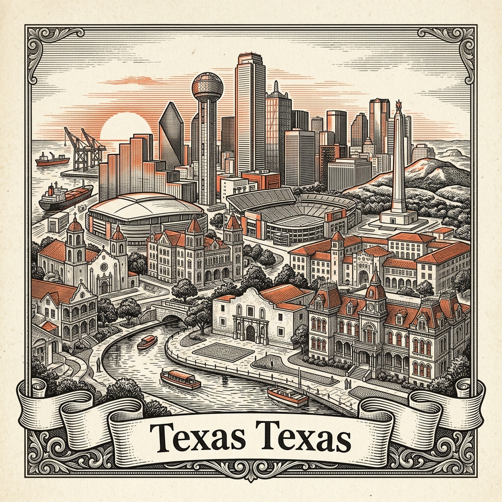 Engraved Texas City TX city illustration – Official Translations certified translation services from $29.95 per page