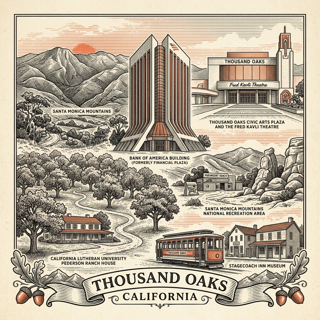 Engraved Thousand Oaks CA city illustration – Official Translations certified translation services from $29.95 per page