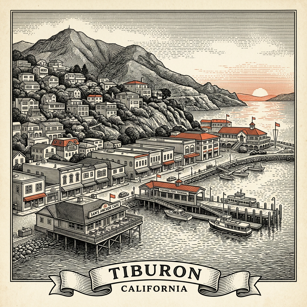 Engraved Tiburon CA city illustration – Official Translations certified translation services from $29.95 per page