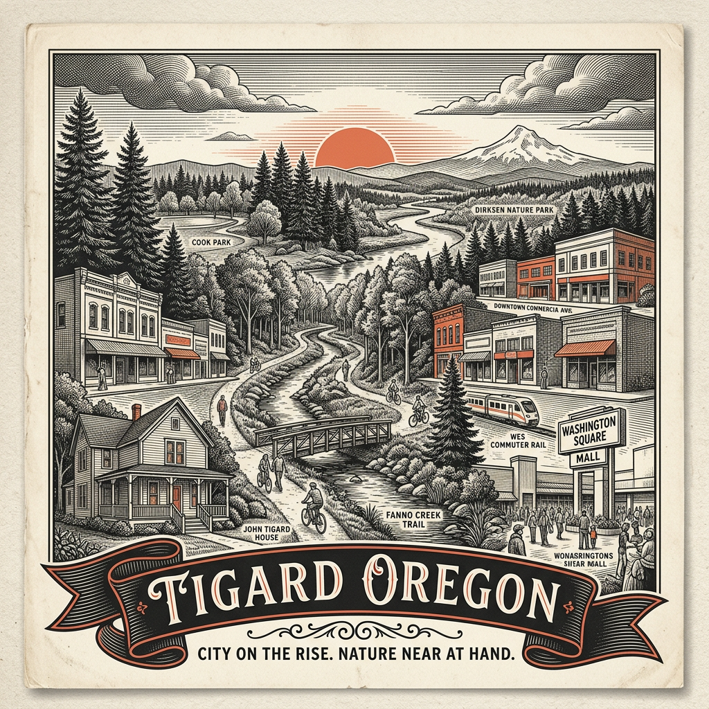 Engraved Tigard OR city illustration – Official Translations certified translation services from $29.95 per page