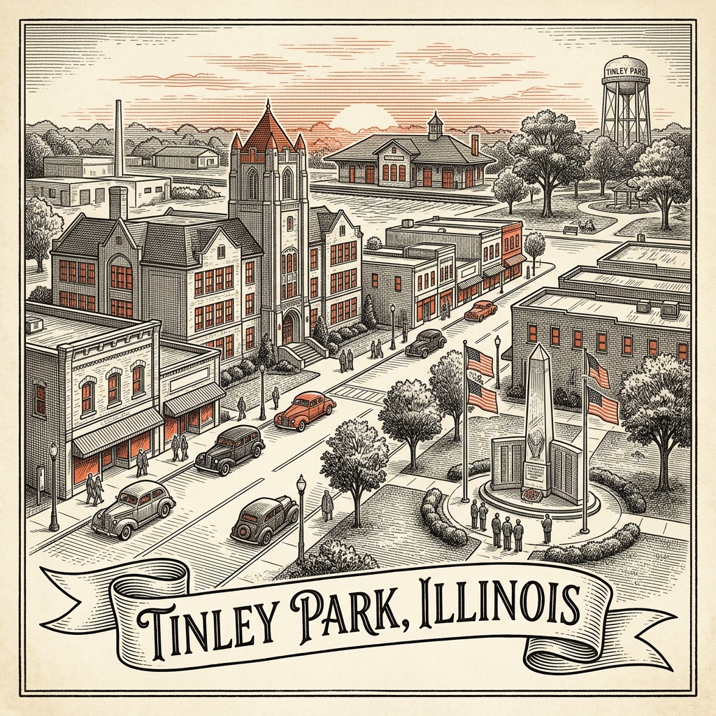 Engraved Tinley Park IL city illustration – Official Translations certified translation services from $29.95 per page