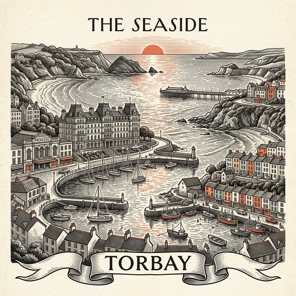 Engraved Torbay England city illustration – Paignton Pier, Torre Abbey, Babbacombe Model Village, Brixham Harbour and Golden Hind replica, Torquay seafront palm trees – Official Translations certified translation services from £29.95 per page