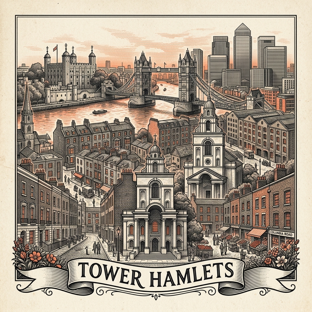 Engraved Tower Hamlets England city illustration – Tower of London, Canary Wharf skyline, Tower Bridge, Brick Lane and the Truman Brewery, Whitechapel Bell Foundry heritage – Official Translations certified translation services from £29.95 per page