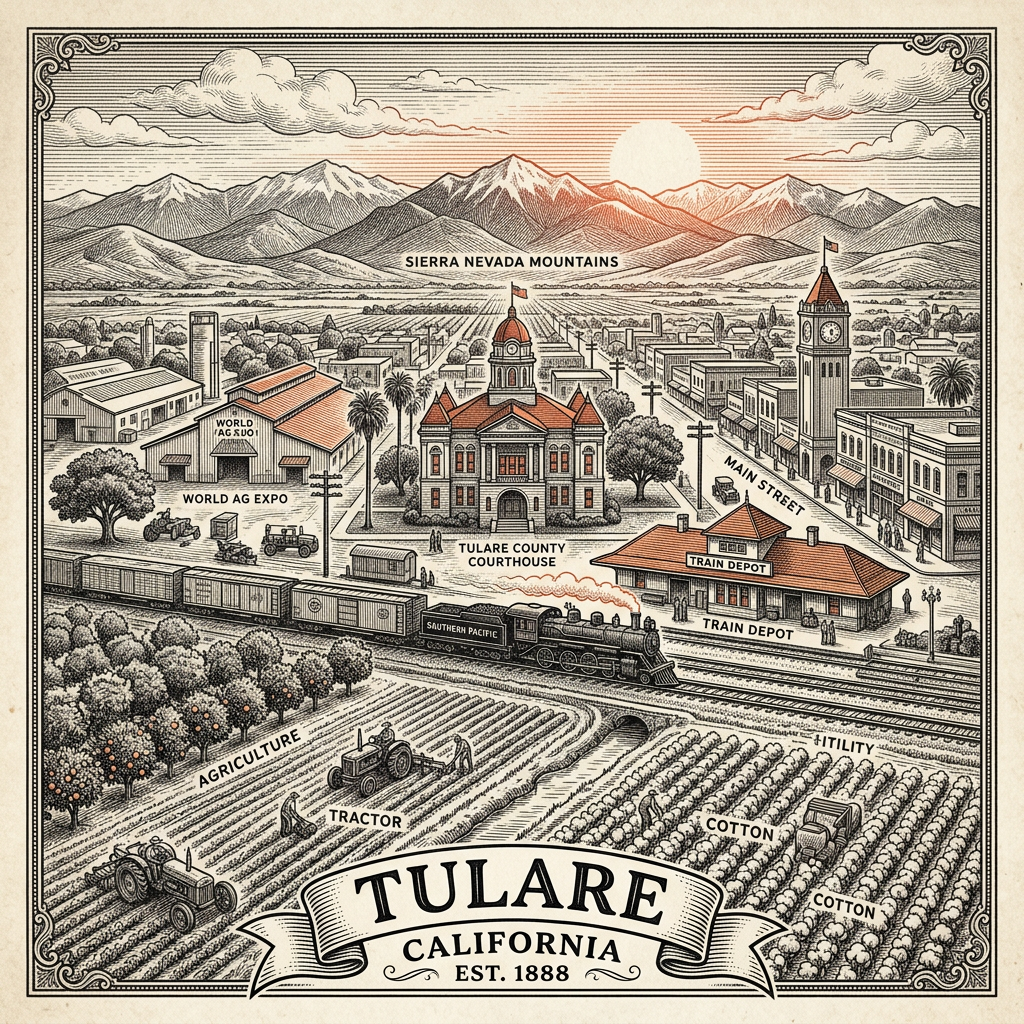 Engraved Tulare CA city illustration – Official Translations certified translation services from $29.95 per page