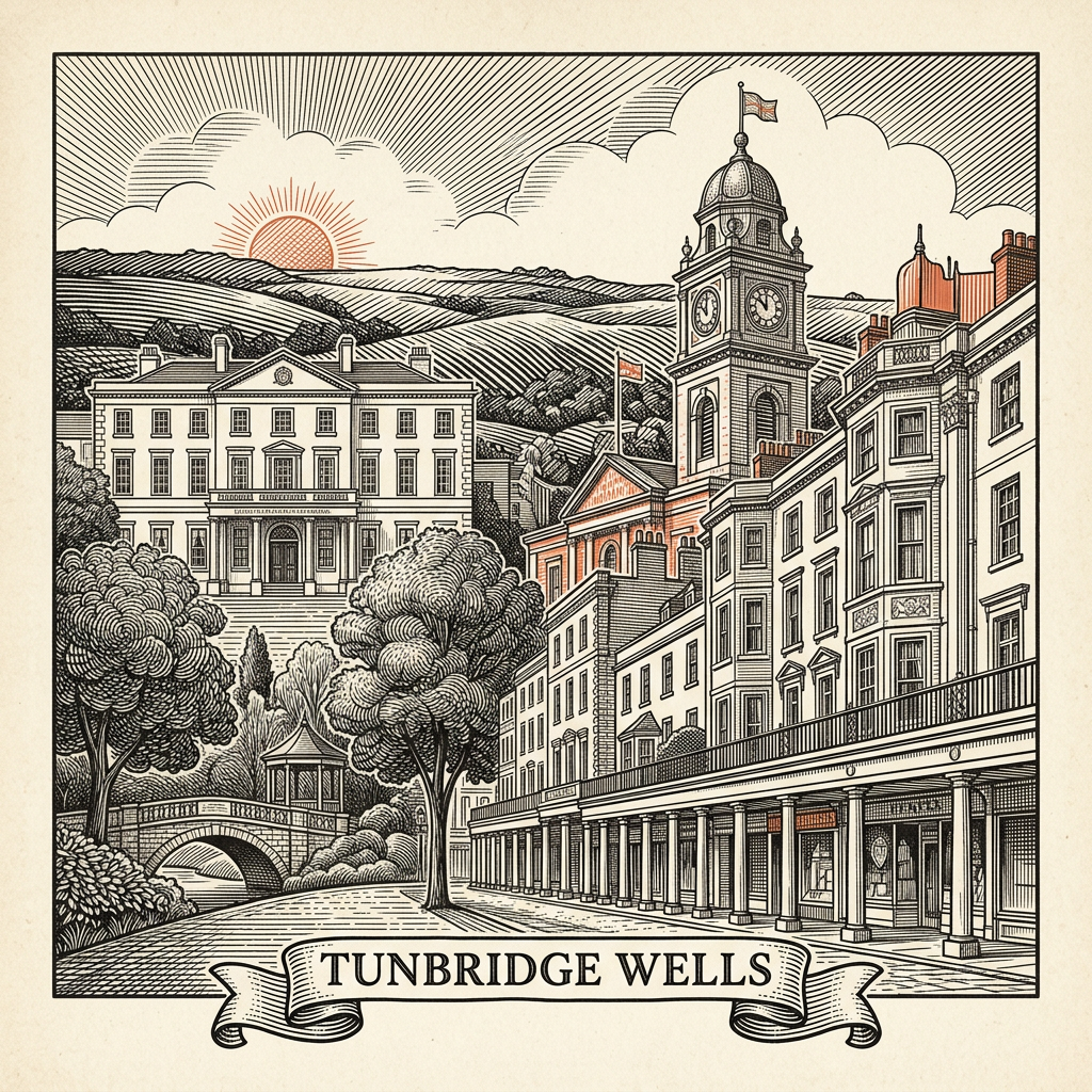 Engraved Tunbridge Wells England city illustration – The Pantiles colonnaded walkway, Chalybeate Spring, Royal Victoria Place, Dunorlan Park lake, High Rocks sandstone outcrops – Official Translations certified translation services from £29.95 per page
