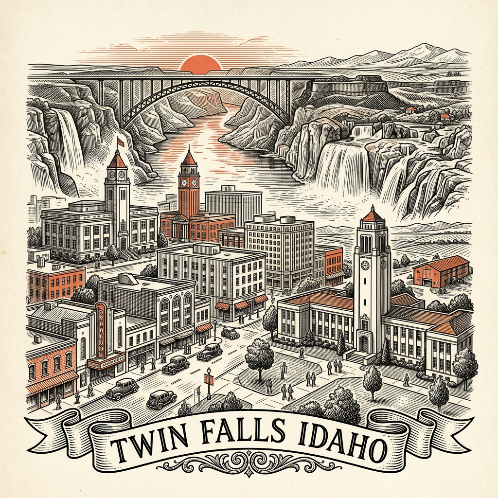 Engraved Twin Falls ID city illustration – Official Translations certified translation services from $29.95 per page