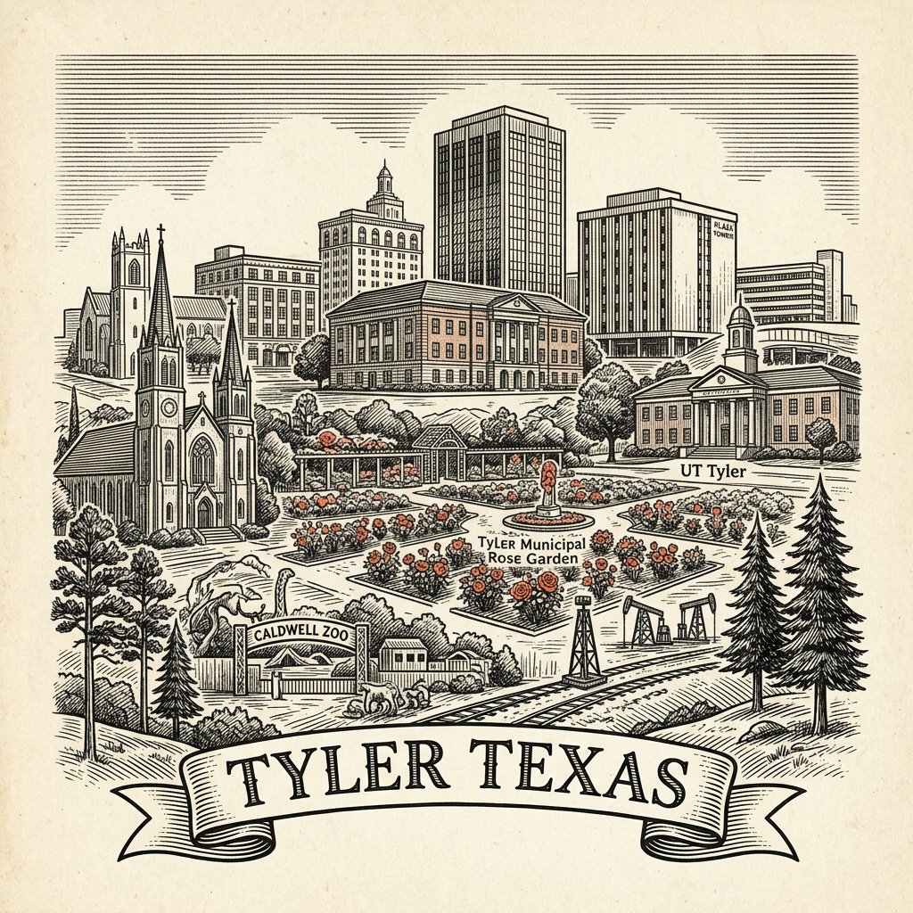 Engraved Tyler TX city illustration – Official Translations certified translation services from $29.95 per page
