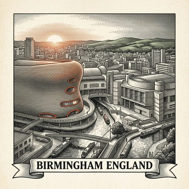 Engraved Birmingham England city illustration – Library of Birmingham gold rings, Bullring Selfridges silver disc facade, Rotunda tower, Council House clock, St Martin in the Bull Ring – Official Translations certified translation services from £29.95 per page