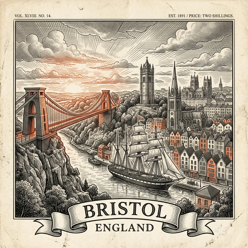 Engraved Bristol England city illustration – Clifton Suspension Bridge, SS Great Britain, Wills Memorial Building tower, Cabot Tower, M Shed cranes – Official Translations certified translation services from £29.95 per page