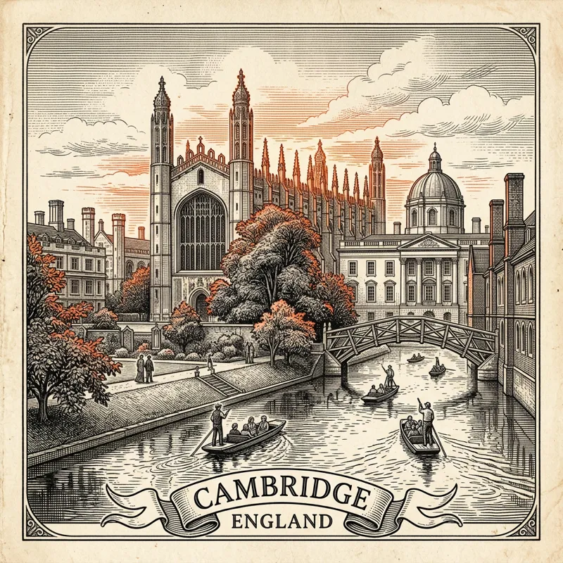 Engraved Cambridge England city illustration – King's College Chapel pinnacles, Mathematical Bridge, Trinity College Great Court, Senate House dome, Fitzwilliam Museum portico – Official Translations certified translation services from £29.95 per page