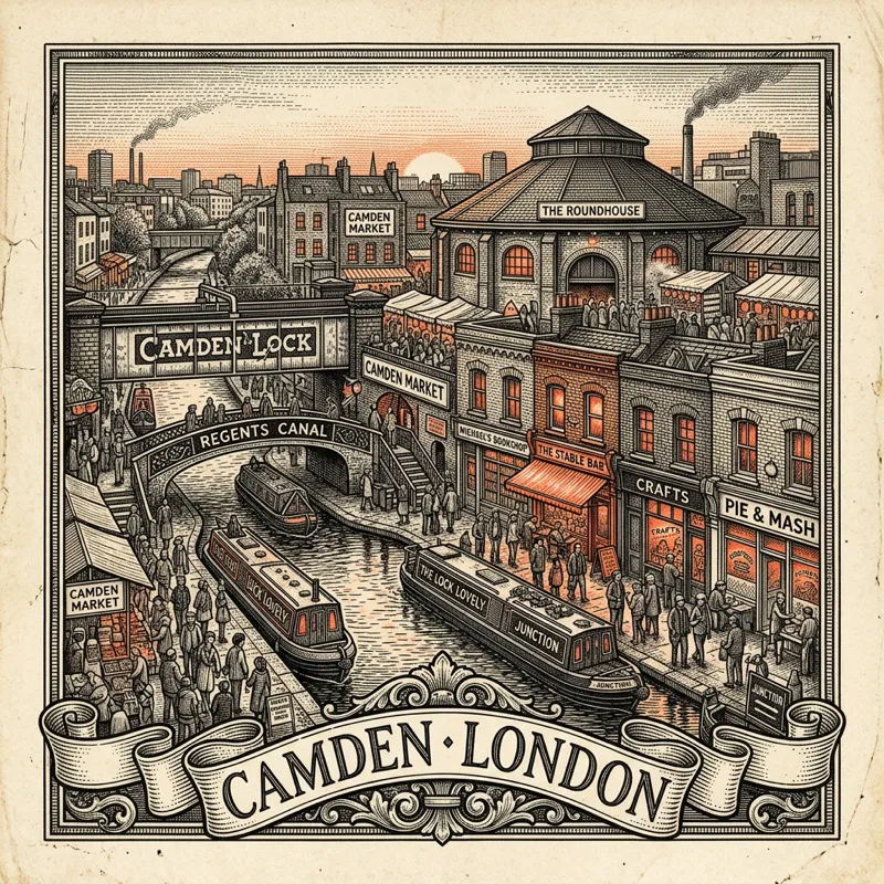Engraved Camden England city illustration – Camden Lock bridge, Roundhouse, Regent's Canal locks, Camden Market gates, British Library forecourt – Official Translations certified translation services from £29.95 per page