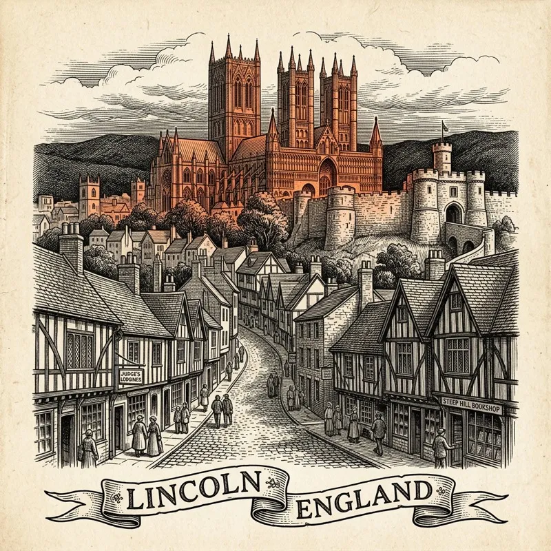 Engraved Lincoln England city illustration – Lincoln Cathedral, Lincoln Castle walls, Steep Hill cobbled street, High Bridge with timber buildings, Brayford Pool waterfront – Official Translations certified translation services from £29.95 per page
