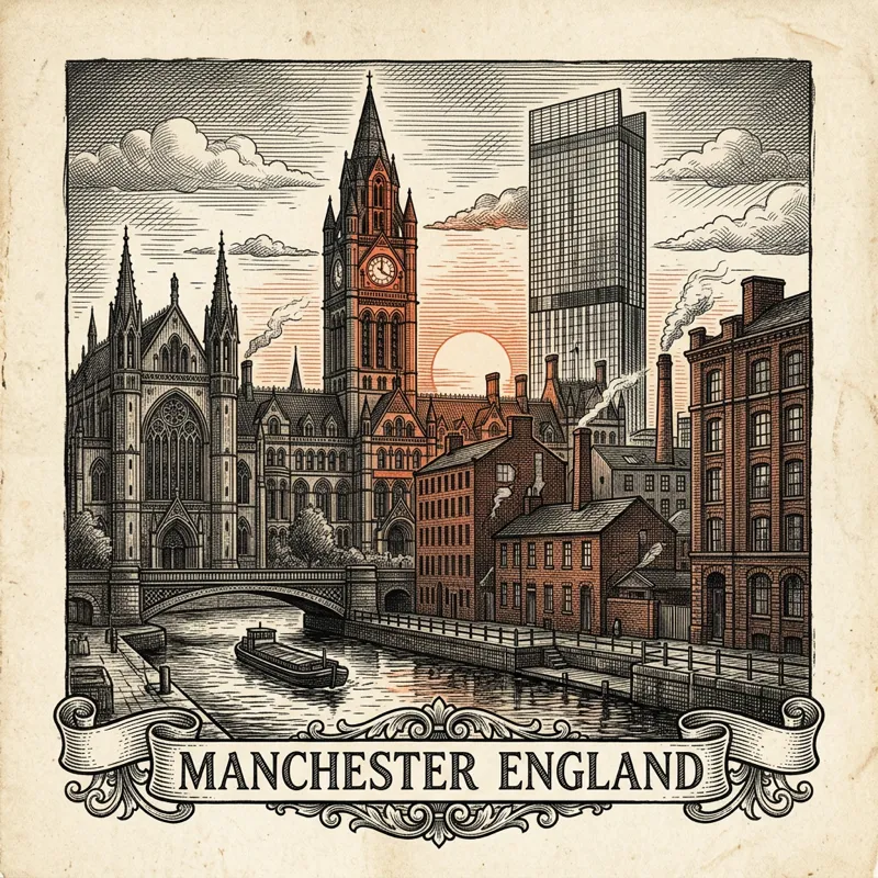 Engraved Manchester UK city illustration – Town Hall clock tower, Beetham Tower, Old Trafford, Etihad Stadium, Northern Quarter – Official Translations certified translation services from £29.95 per page