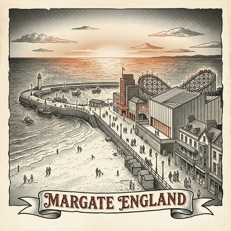 Engraved Margate England city illustration – Turner Contemporary gallery, Dreamland amusement park, Margate Harbour Arm and lighthouse, Margate Old Town, Shell Grotto – Official Translations certified translation services from £29.95 per page