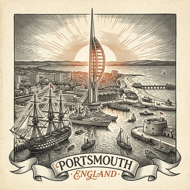Engraved Portsmouth England city illustration – Spinnaker Tower, HMS Victory (Historic Dockyard), Portsmouth Cathedral, Round Tower, Southsea Castle – Official Translations certified translation services from £29.95 per page