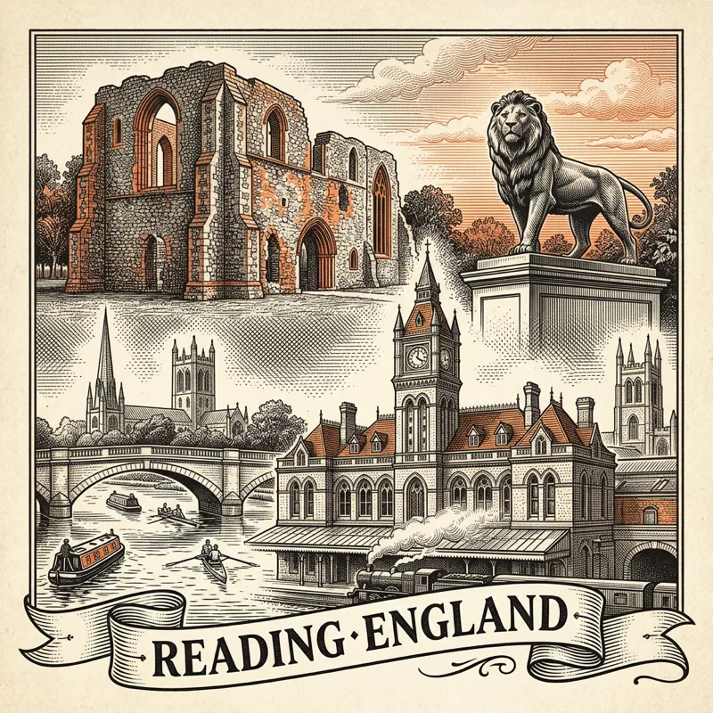 Engraved Reading England city illustration – Reading Abbey Ruins, Reading Minster, Kennet and Avon Canal, Maiwand Lion (Forbury Gardens), Blade office tower – Official Translations certified translation services from £29.95 per page