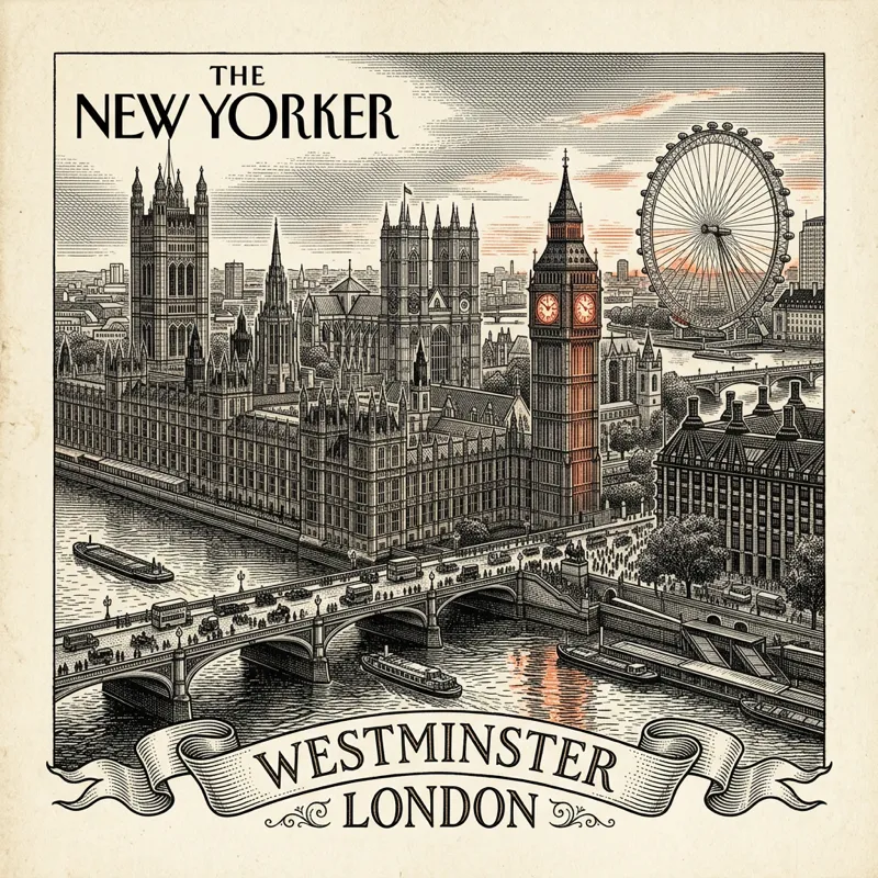 Engraved Westminster England city illustration – Big Ben and the Palace of Westminster, Buckingham Palace, Westminster Abbey, Trafalgar Square with Nelson's Column, Piccadilly Circus – Official Translations certified translation services from £29.95 per page