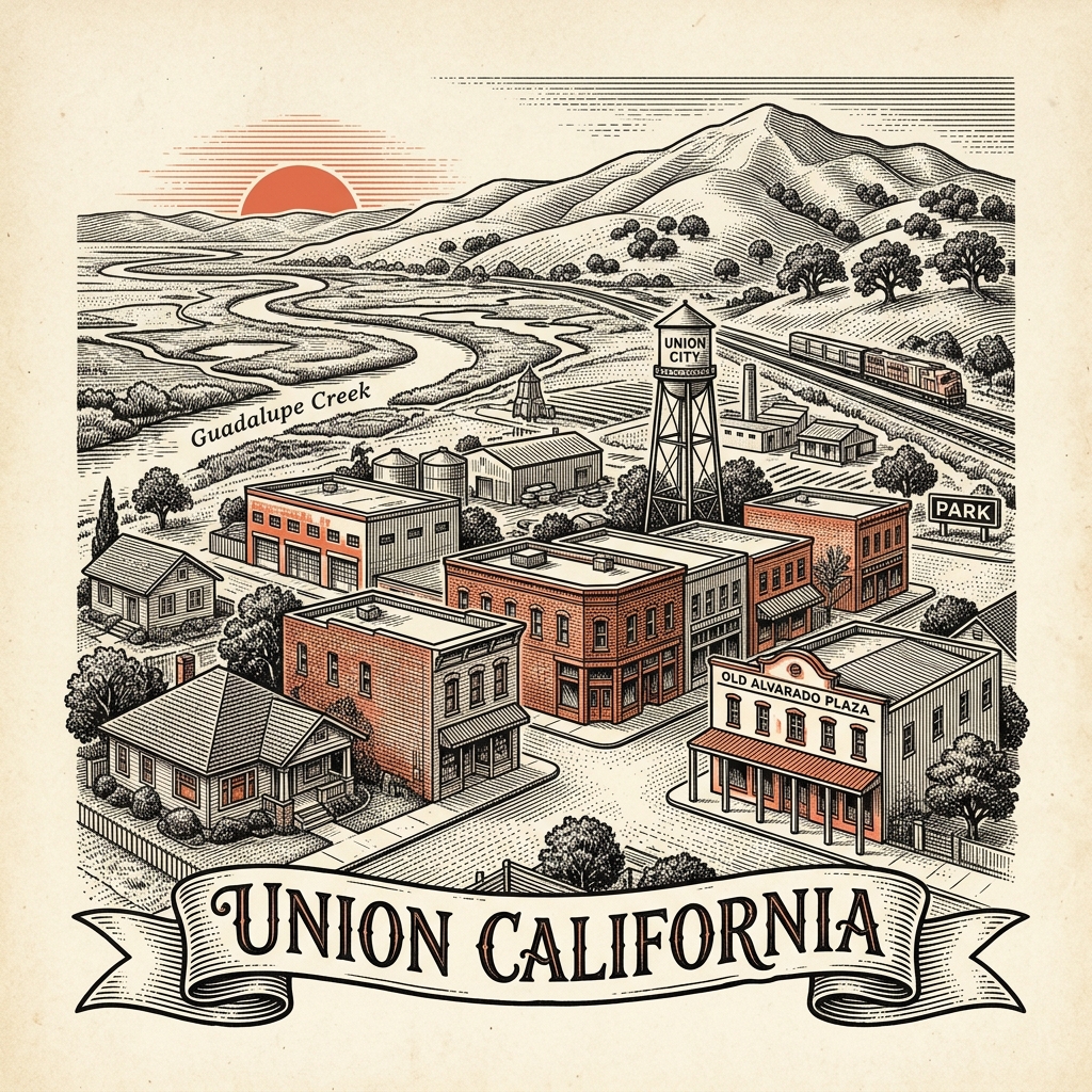 Engraved Union City CA city illustration – Official Translations certified translation services from $29.95 per page