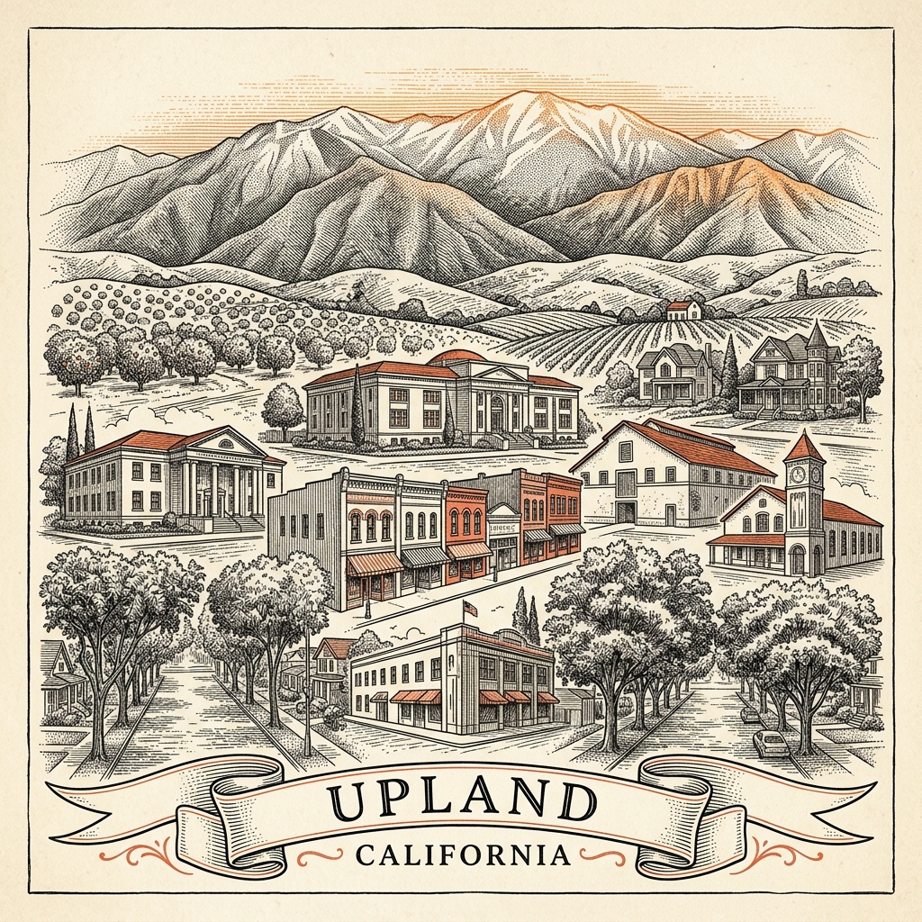 Engraved Upland CA city illustration – Official Translations certified translation services from $29.95 per page