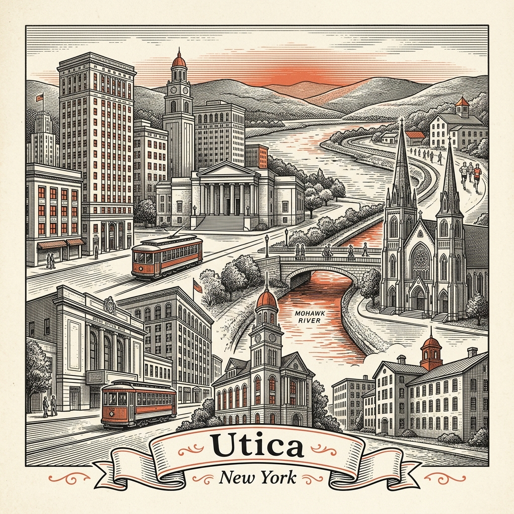 Engraved Utica NY city illustration – Official Translations certified translation services from $29.95 per page