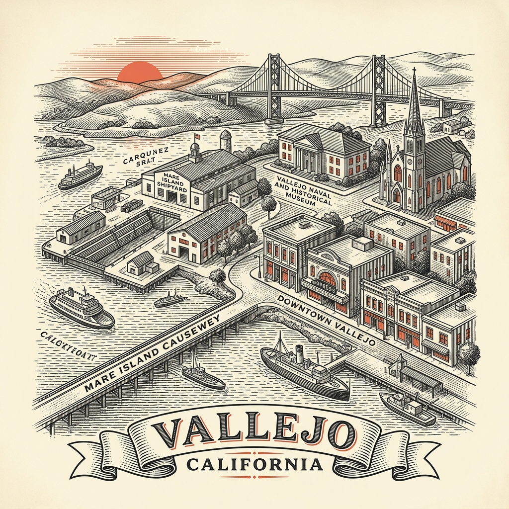 Engraved Vallejo CA city illustration – Official Translations certified translation services from $29.95 per page