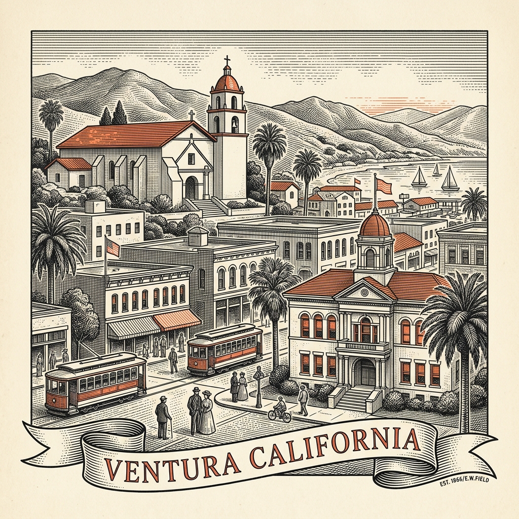 Engraved Ventura CA city illustration – Official Translations certified translation services from $29.95 per page