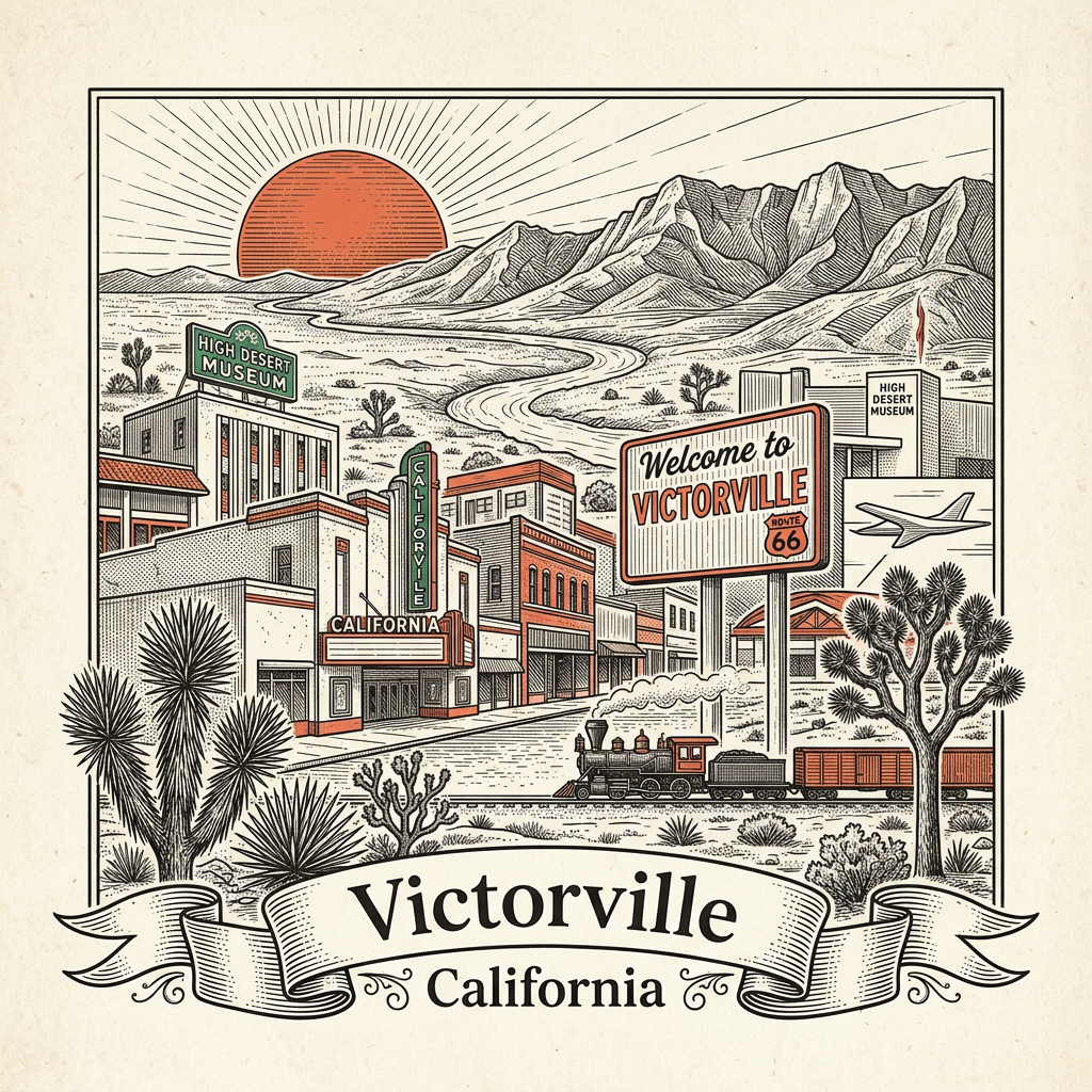 Engraved Victorville CA city illustration – Official Translations certified translation services from $29.95 per page