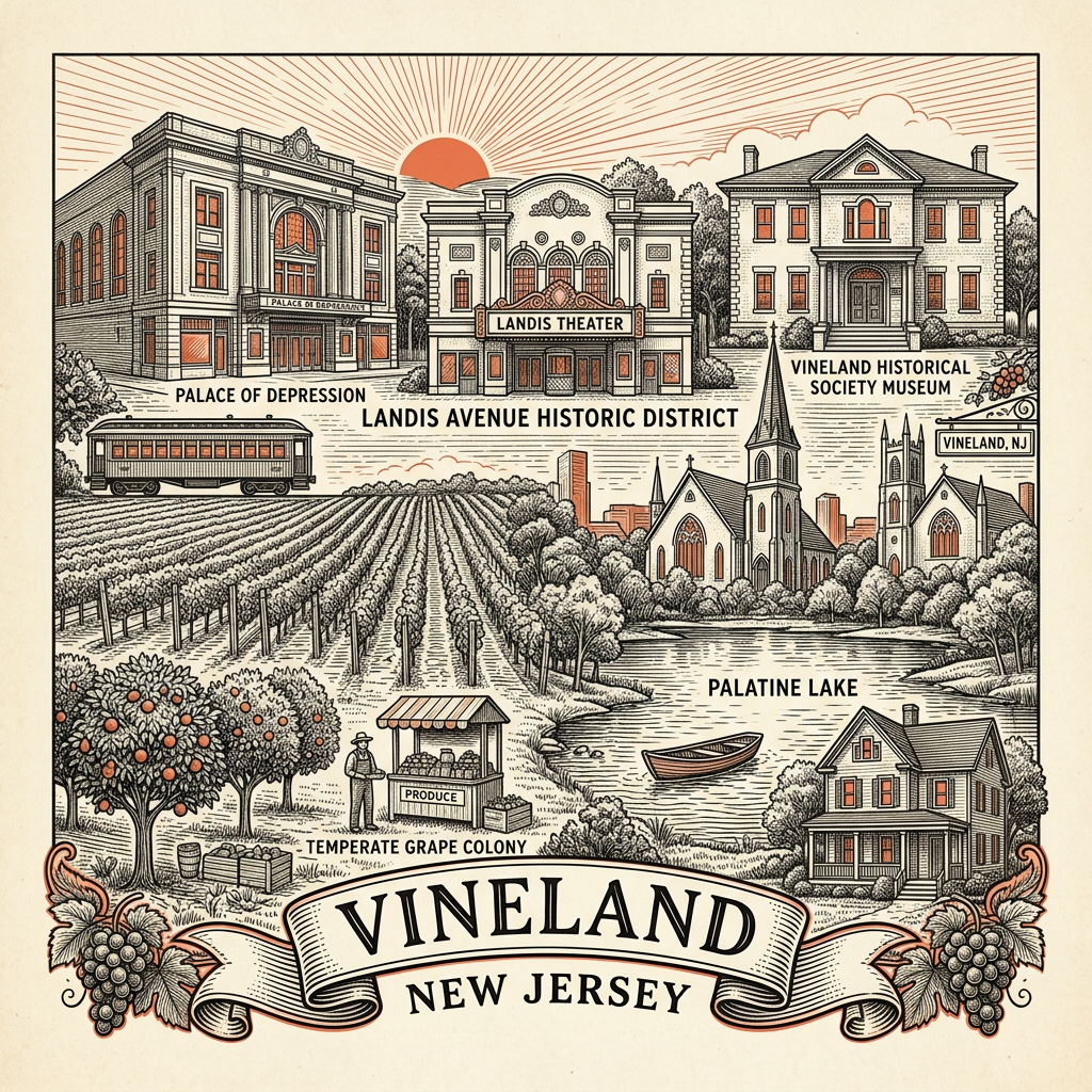 Engraved Vineland NJ city illustration – Official Translations certified translation services from $29.95 per page