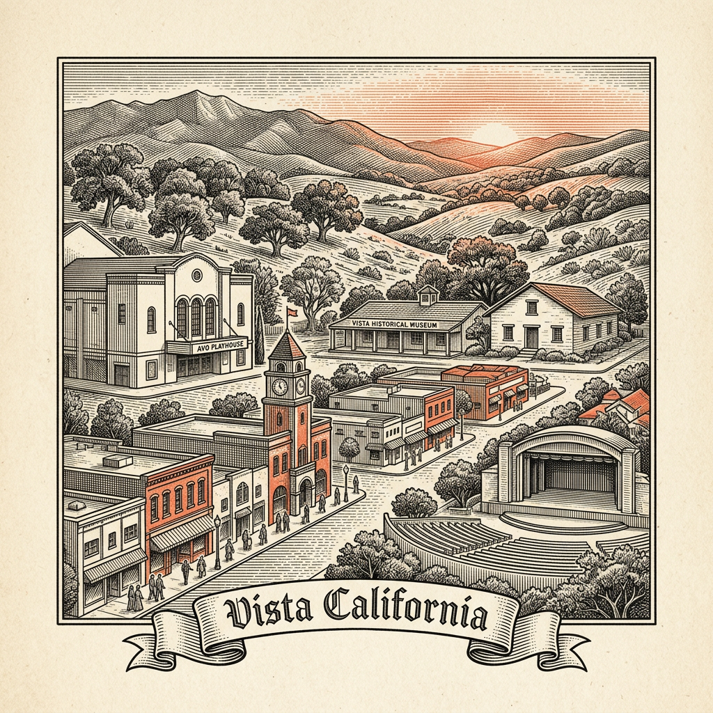 Engraved Vista CA city illustration – Official Translations certified translation services from $29.95 per page