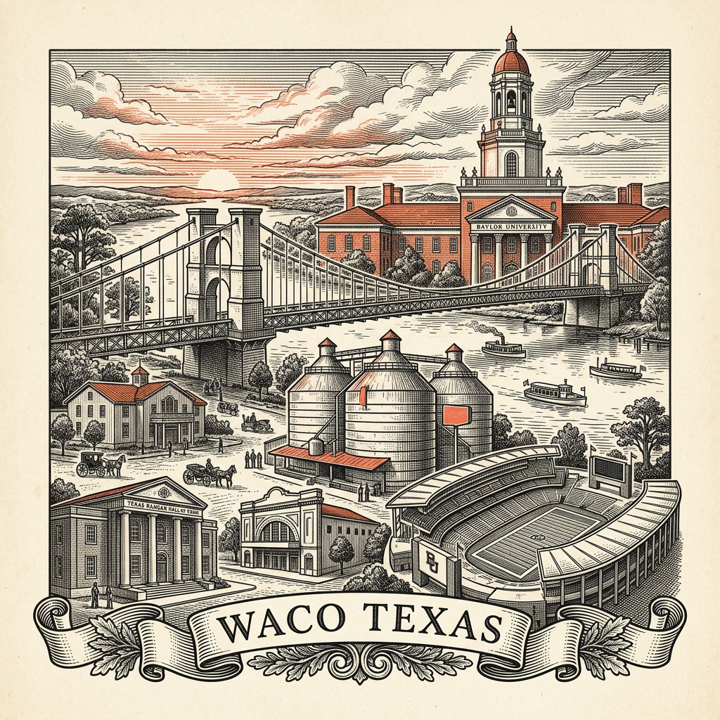 Engraved Waco TX city illustration – Official Translations certified translation services from $29.95 per page