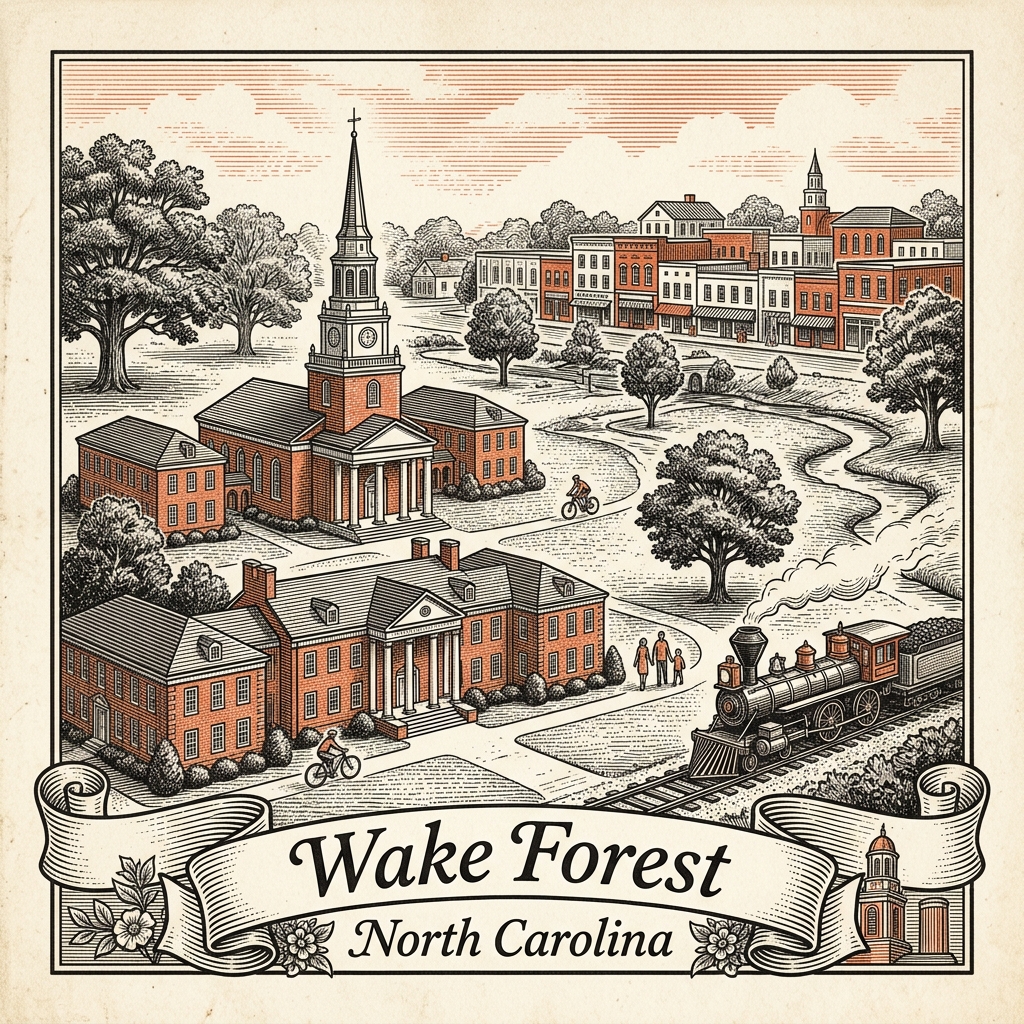 Engraved Wake Forest NC city illustration – Official Translations certified translation services from $29.95 per page