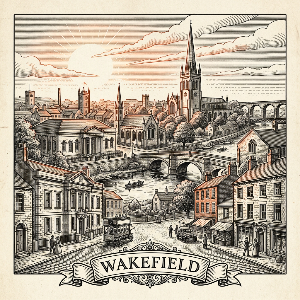 Engraved Wakefield England city illustration – Wakefield Cathedral spire, Chantry Bridge and Chapel, The Hepworth Wakefield gallery, Yorkshire Sculpture Park nearby, Wakefield County Hall – Official Translations certified translation services from £29.95 per page