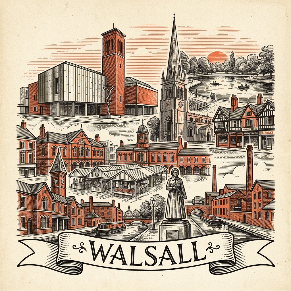 Engraved Walsall England city illustration – Walsall Arboretum, The New Art Gallery Walsall, St Matthew's Church on the hill, Walsall Leather Museum, Walsall Town Hall – Official Translations certified translation services from £29.95 per page