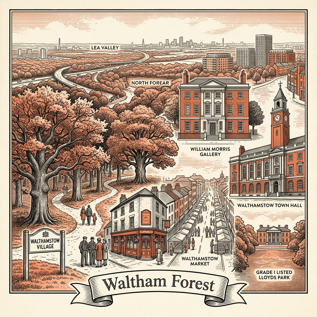 Engraved Waltham Forest England city illustration – William Morris Gallery in Lloyd Park, Walthamstow Wetlands Europe's largest urban wetland, God's Own Junkyard neon, Vestry House Museum, Epping Forest Hollow Ponds – Official Translations certified translation services from £29.95 per page