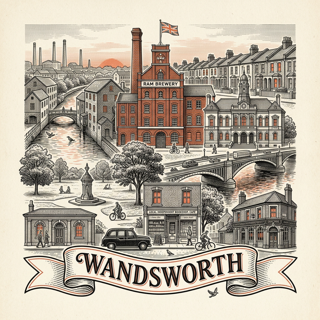Engraved Wandsworth England city illustration – Battersea Power Station chimneys, Wandsworth Bridge, Battersea Park Peace Pagoda, Tooting Bec Lido, Putney Bridge boat race start – Official Translations certified translation services from £29.95 per page